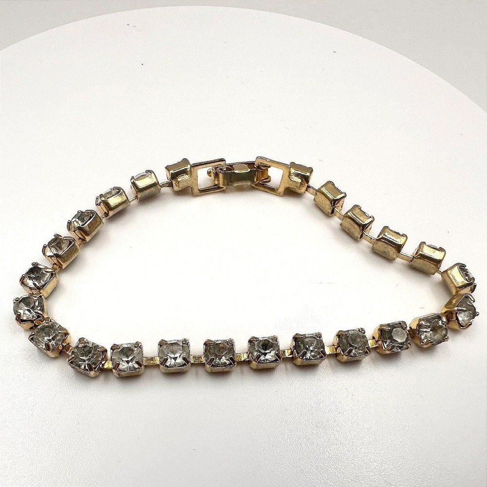 Vintage 80s Gold Tone Square Rhinestone Link Tennis Bracelet Classic Jewelry Y2K